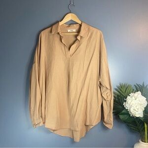 INAE Tan Linen Blend Long Sleeve Shirt Blouse